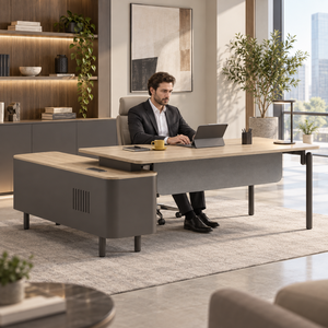 Escritorio de Oficina Inteligente Ejecutivo con Superficie de Madera de Nogal, Estructura de Tubo de Acero con Almacenamiento con Cerradura y Alimentación Lateral <span class=keywords><strong>para</strong></span> Sala de Gerencia - Product Image 3