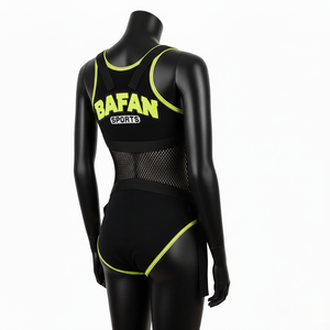 Traje de baño premium de 240 GSM de poliéster y spandex, color verde neón, con paneles, tirantes de malla y logotipo personalizado con parche para mujer. - Product Image 4