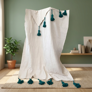 Bohemian Cotton Throw <b>Blanket</b> Solid White Teal Tassels Rectangular Woven Decorative Bedding Home All-Season - Product Image 5