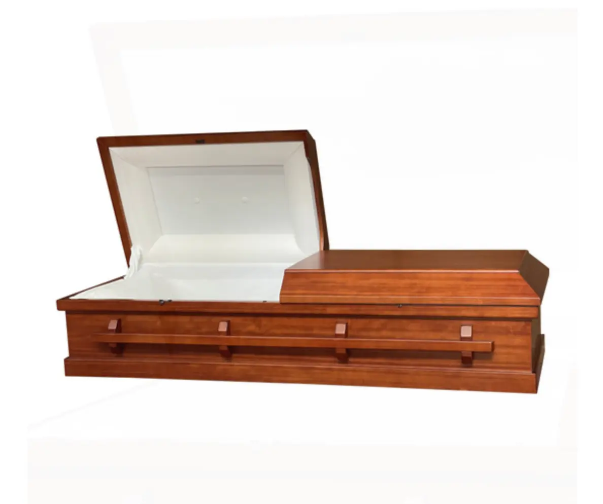 Cercueil de crémation en bois de placage de peuplier classique funéraire avec lit combiné intérieur de voûte d'enterrement de velours blanc cercueil et cof en bois