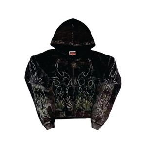 Personnalisé brillant ne tombe pas polaire surdimensionné Vintage acide lavage clouté strass en détresse sweat à capuche zippé hommes 100% coton hiver - Product Image 5