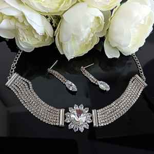 Floral CZ <b>Crystal</b> Choker <b>Necklace</b> Earring Set Indian Bridal Wedding Manufacture Jewellery Dangle Earring For Women, <b>Silver</b> - Product Image 2
