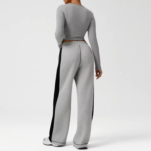 Pantalons de jogging en molleton de coton pour femmes en gros, taille haute, respirants, coupe-vent, décontractés, hiver, devant plat, teinture unie, cordon de serrage - Product Image 3