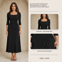Robe midi noire pour femme, col carré, manches 3/4, plissée sur une épaule, ornée de strass thermocollés, coupe trapèze douce