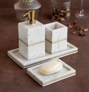 Juego de baño de mármol Logotipo personalizado Aceptado Sólido Diseño elegante Piedra blanca Juego de baño de 5 piezas - Product Image 6