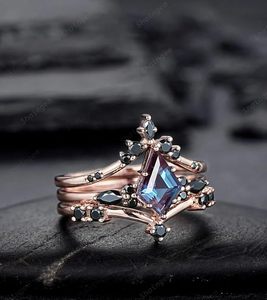 925 Sterling Silver Kite Cut Alexandrite V Shape Rose Gold Black Classic Third Party Certified Wedding Promise Engagement Ring - Product Image 3