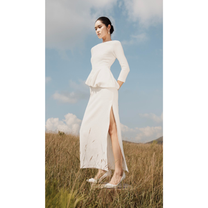 Elegante vestido ELFEDA PEPLUM mezcla de algodón Jersey mujer ropa vestidos largos de mujer cuello barco correas acanaladas rebordear hecho a mano - Product Image 1