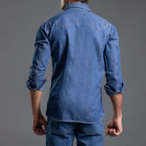 เสื้อยืดสำหรับผู้ชายแบบลำลองใหม่เสื้อยืดผ้าเดนิมคอตตอนสีฟ้า - Product Image 4