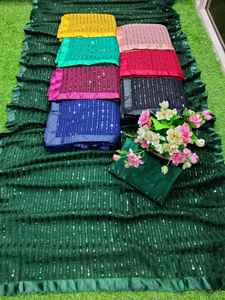 Trendy Classic Heavy Georgette Sequence Fancy Work Saree Último diseño indio para chicas de fiesta Hecho de tela exclusiva suave Venta - Product Image 3