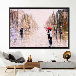 Printed <b>Canvas</b>: Couple with Red Umbrella, City Landscape Art,1P:Black <b>Framed</b> - Product Image 1