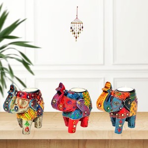Wood Hand Painted <b>Tealight</b> <b>Holder</b> Ethnic Indian Home Decor Elephant Diya Diwali Gifts Pooja Return Gift Multicolor Candle Stand - Product Image 3