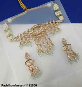 Top qualité nouveau Design plaqué or perle Pachi Kundan collier ras du cou avec boucles d'oreilles ensembles de bijoux de mariée indiens traditionnels - Product Image 5