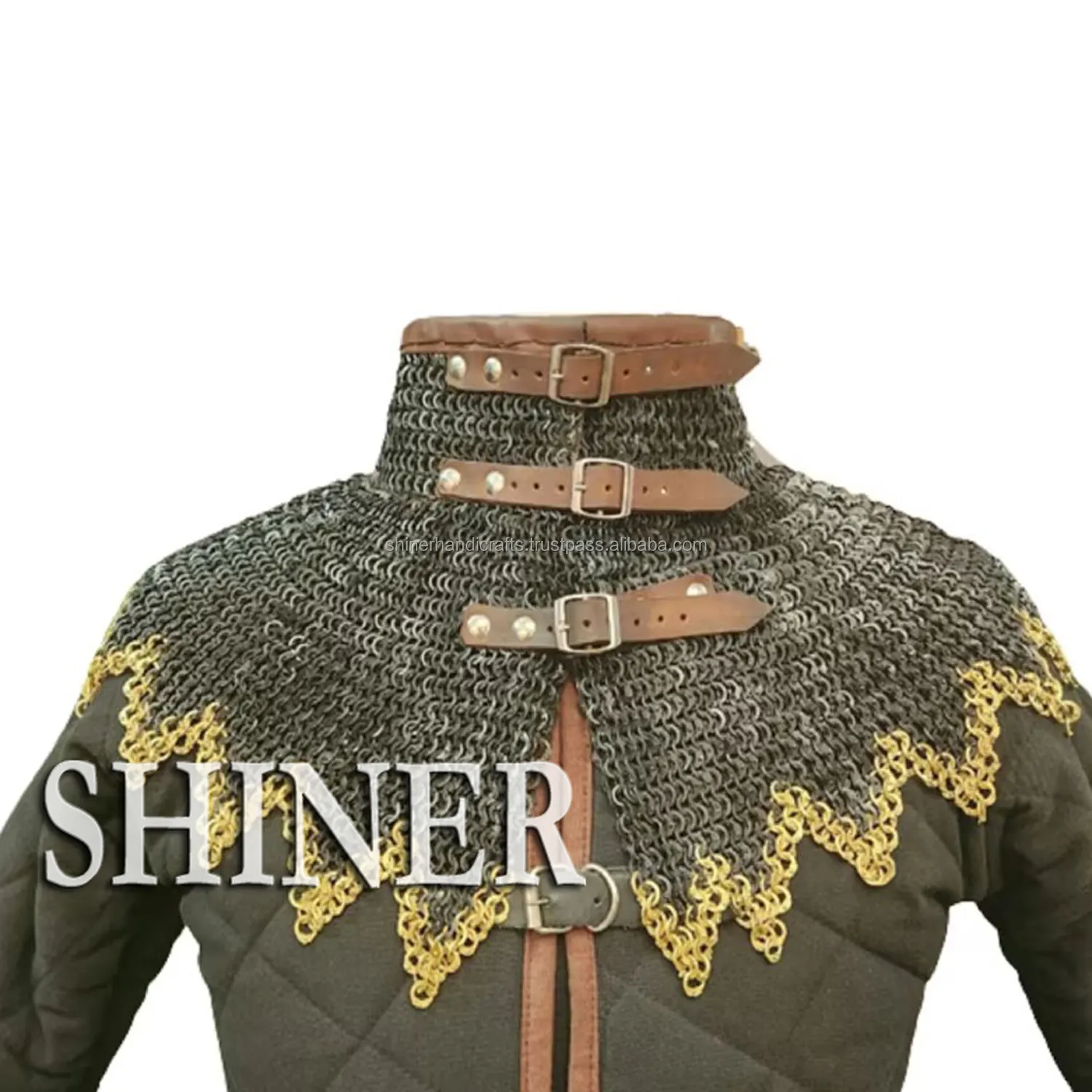 Chainmail Coif Aluminum V-Neck | Chain Mail Hood Armor Costume Medieval Gorget| Armour SCA Reenactment Cosplay Black & Brass