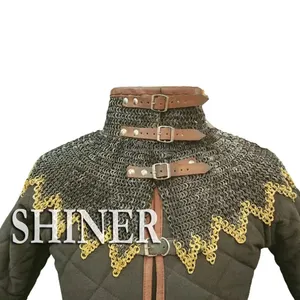 Coif de cota de aluminio con cuello en V | Traje de armadura de capucha de malla Medieval Gorget | Armour SCA Recreación Cosplay Negro y latón