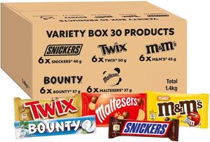 Mixed Bulk Chocolate Box, M&M's Peanuts, Snickers, Twix, Maltesers, Bounty, 1.4kg - 30 Full-Size- Milk Chocolate <b>Bars</b> & Bags - Product Image 2