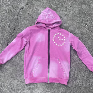 เสื้อฮู้ดผู้ชายผ้าคอตตอน100% ผ้าฝรั่งเศสเทอร์รี่เฮฟวี่เวทผ้าตัดปะมีฮู้ดผ้าครอปซีดจางมีซิป - Product Image 1