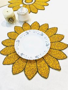 Handmade <b>Beaded</b> Sunflower Shaped Yellow Gold Mat Decorative <b>Placemat</b> for Wedding Christmas & Family Gatherings - Product Image 3