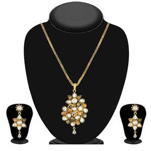 Kriaa Fine <b>Jewelry</b> Set White <b>Kundan</b> Stone Gold Plated Pendant-1204013 - Product Image 1