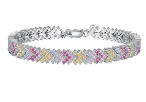 Pulsera de Fiesta Redonda y Brillante con Moissanita, Diamante y Zafiro, Diseño Floral en Oro Blanco - Product Image 3