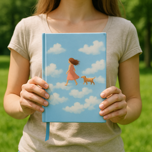 LABON Cloud Walk A5 Linen Notebook Soft Blue Pure White Cover Girl and Dog Walking on Clouds Journal with <strong>Kites</strong> and Ribbon - Product Image 5