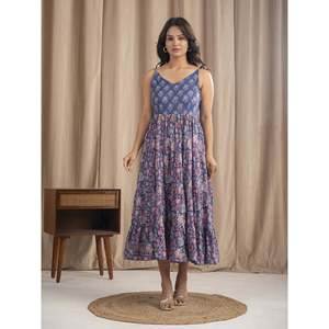 Vestido largo de algodón Mulmul azul con tirantes, estampado a mano, estilo gótico casual, transpirable, talla XS, ideal para fiestas de verano. - Product Image 3
