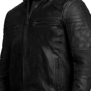 Factory Direct Men's <b>Black</b> Genuine Leather Biker Jacket Stand Collar Design with Quilted Shoulders and Zipper Pockets - Product Image 5