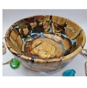 Tazón Artesanal de Madera Ecológico con Detalles en Resina Azul, Centro de Mesa Moderno y Lujoso Hecho a Mano para Oficina, Escritorio, Interiores del Hogar, India - Product Image 1