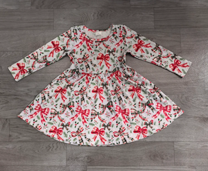Robe de noël imprimée à manches longues pour filles, robe trapèze en coton avec motif de nœud papillon, longueur aux genoux, vêtements d'hiver pour enfants - Product Image 5