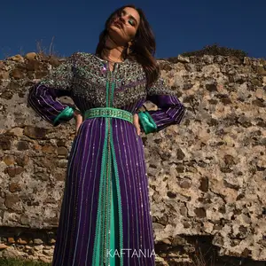 Turquoise & violet Satin mousseline de soie Eid Ramadan travail à la main marocain Caftan robe fête mariage traditionnel marocain tissu