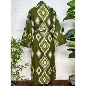 Unisex Yak <b>Wool</b> Robe Geometric Diamond Print Luxurious Urban Floral Warm Beige <b>Red</b> and Teal Kimono/Robe - Product Image 6