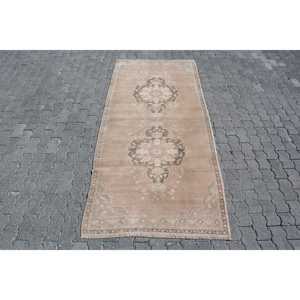 Turkish Vintage Rug, 3.7x8.2 ft Area Rug, <b>Brown</b> Gray Abstract <b>Wool</b> Rug - Product Image 1