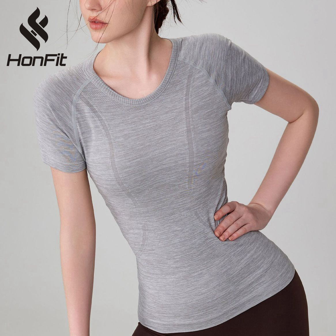 HONFIT Nude Seamless Slim Yoga Tops Waist and Round Neck Tshirt Spandex Nylon Quick Dry Mesh Structure Sports T Shirt for Women