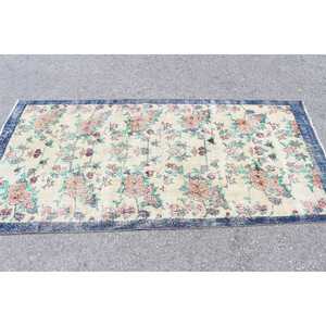 Alfombra Turca, Alfombra Vintage de 3.5x7 pies, Alfombra Marroquí de Lana Azul y Blanca - Product Image 3