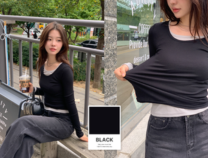 T-shirt à manches longues côtelé à col en U pour femme HOOR, haut basique extensible, décontracté, lisse, multi-couleurs, fabriqué en Corée - Product Image 2