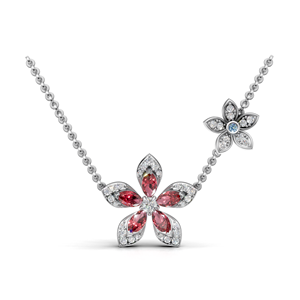 Collier pendentif fleur en or 18 carats avec diamants de laboratoire rouges et roses, taille poire et marquise, bijoux de luxe - Product Image 1