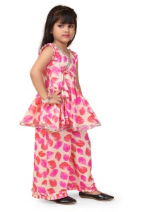 Vestido de Fiesta Shoryam para Niñas, Estilo Angrakha, Completamente Cosido, con Estampado Digital de Hojas Rosas, para Bodas de Verano, Eid Kurti - Product Image 3