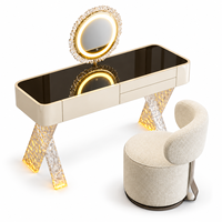 Ensemble de table de maquillage de luxe finition or avec miroir rond LED, tiroirs, chaise rembourrée, taille et couleur personnalisées, garantie de 2 ans