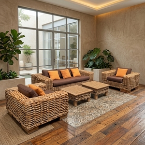 Nuevo Conjunto de Sofás de Ratán Minimalista Moderno para Sala de Estar, Muebles de Lujo para Patio y Jardín, Asientos de Mimbre Grueso con Cojines Naranjas - Product Image 3