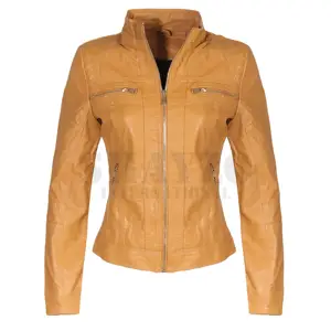 Yeni moda uzun gerçek deri kollu fermuar kadın ceketler standı yaka deri klasik tarzı biker ceket