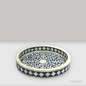 Plateau rond noir et blanc fait à la main en incrustation d'os plateau de service en MDF de résine écologique de taille personnalisée avec décor de perles pour un usage domestique - Product Image 1