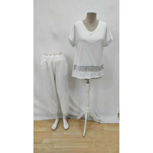 Ensemble deux pièces pour femme, chemisier à manches courtes et col en V en viscose à paillettes, pantalon, 34506 - Blanc - Product Image 4