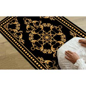 พรมละหมาดลายบาโรกสีทอง: พรมพิมพ์ลายศาสนาอิสลามสีดำ พร้อมพรมขนนุ่ม - Product Image 3