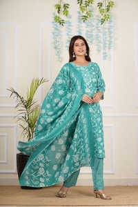 Ensemble Kurta droit en coton brodé à imprimé floral vert pour femmes, col rond et manches 3/4, pantalon en chevron et dupatta assortis - Product Image 5