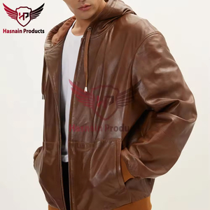 Mens Real Brown Leather Hooded <b>Jacket</b> Drawstring Hood Zip Pockets <b>Sheepskin</b> Cognac Bomber Coat Custom Casual Winter Outerwear - Product Image 4
