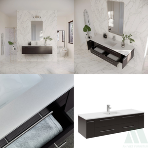 Tocadores de baño de madera montados en la pared de diseño moderno, 4 cajones, 2 armarios laterales, funcionales y elegantes con fregaderos - Product Image 2