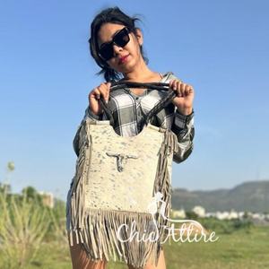 Bolso de mano con flecos de cuero genuino metálico para mujer, gran oferta, personalizado, bolso de compras de cara de toro de alta calidad - Product Image 1