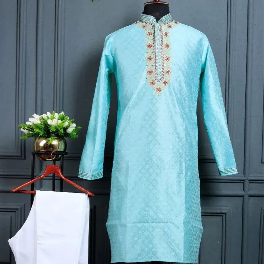 Kurta masculina com bordados e roupa indiana com designer de tecido de seda melhor saling kurta, catogeria Premium FULPARI
