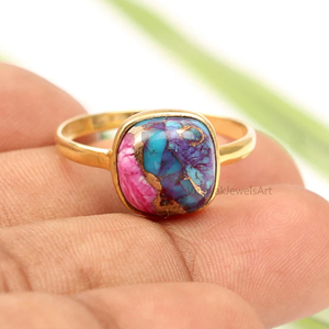 Anillo Fino de Plata de Ley 925 de 10x10mm para Mujer, Hecho a Mano, de Lujo, Chapado en Oro, con Dalia Morada, Cobre y Turquesa - Product Image 1