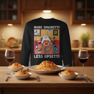 Maglietta a Maniche Lunghe Unisex con Stampa Digitale 'Più Spaghetti Meno Preoccupazioni' - Citazione Gatto - Promozionale per Adulti - Product Image 3