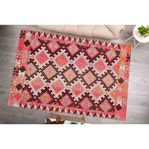Alfombra Estampada con Diseño Kilim Rosa: Estilo Navajo y Persa Moderno, Alfombra Delgada No Tejida - Product Image 2